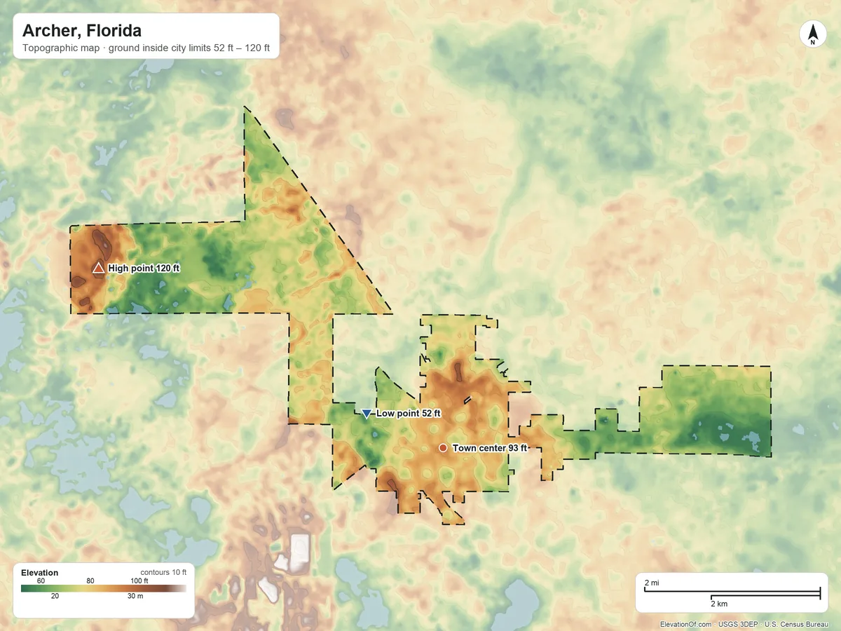 Topographic elevation map of Archer, Florida, shaded from 52 ft on the northwest side to 120 ft on the northwest side