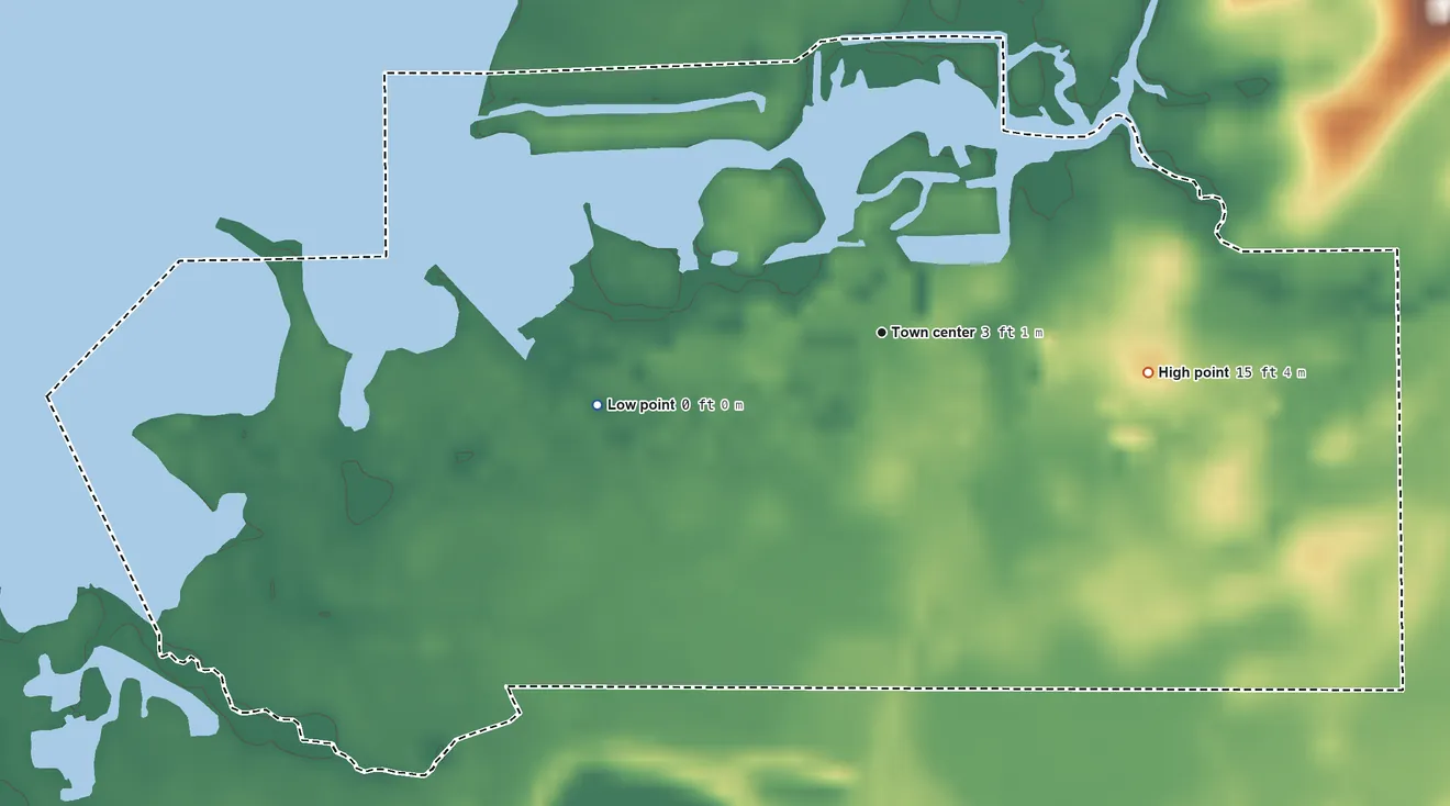 Topographic elevation map of Aripeka, Florida, shaded from sea level level on the Gulf of America to 15 ft on the east side
