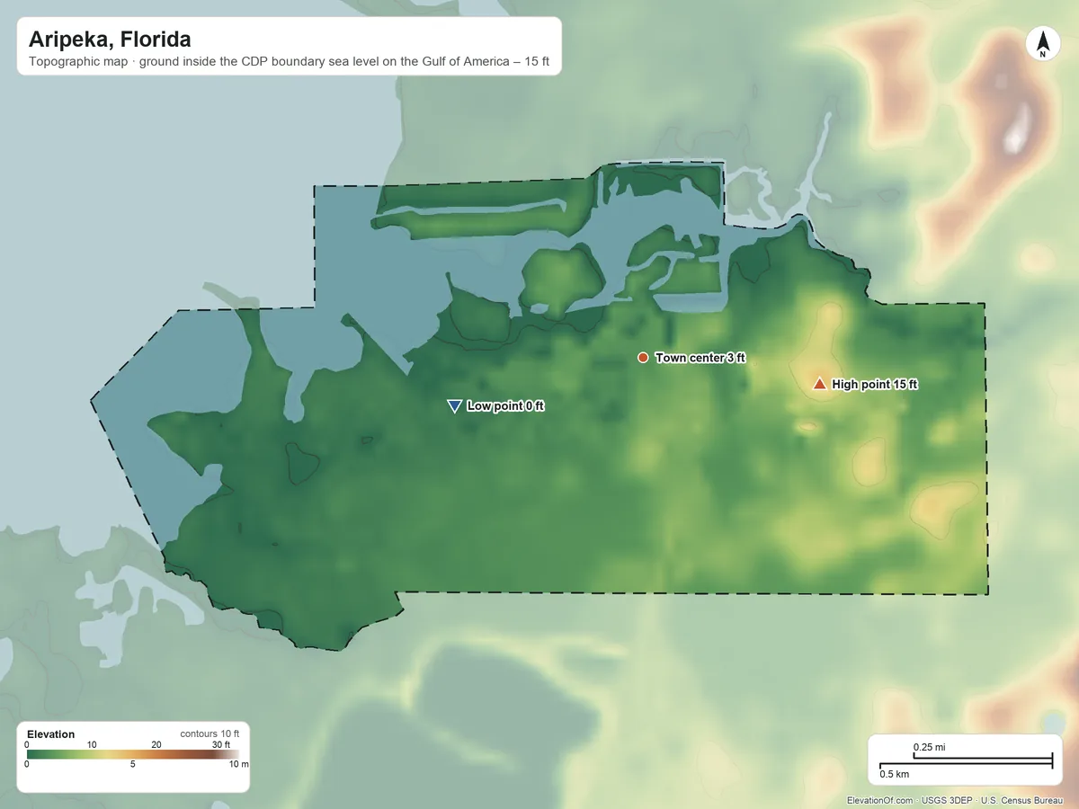 Topographic elevation map of Aripeka, Florida, shaded from sea level level on the Gulf of America to 15 ft on the east side