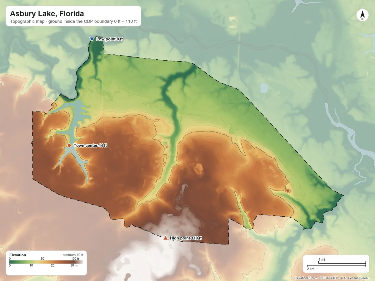 Topographic elevation map of Asbury Lake, Florida, shaded from 0 ft on the north side to 110 ft on the southeast side