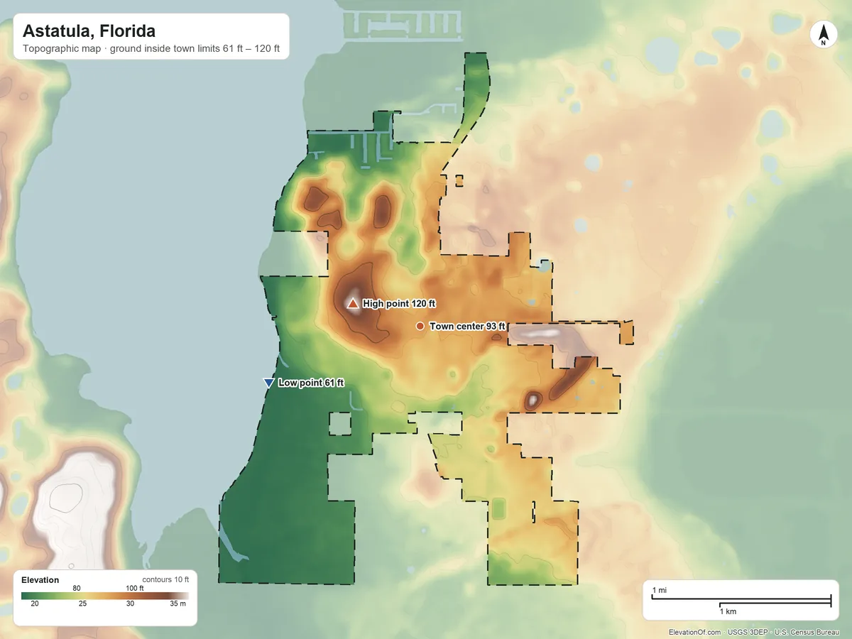 Topographic elevation map of Astatula, Florida, shaded from 61 ft on the west side to 120 ft on the west side