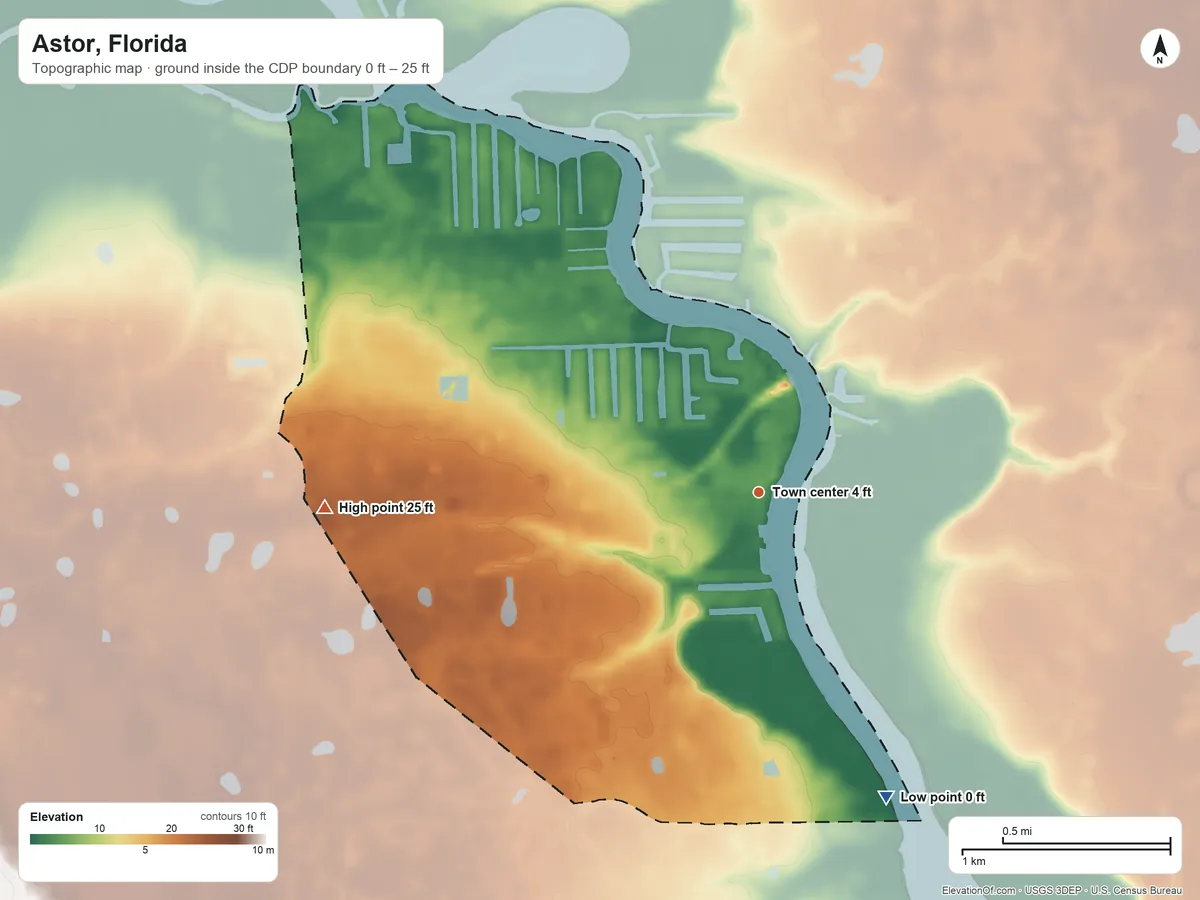 Topographic elevation map of Astor, Florida, shaded from 0 ft on the southeast side to 25 ft on the west side