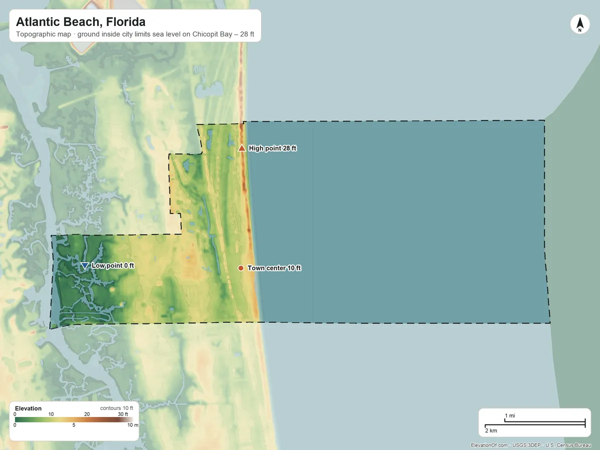 Topographic elevation map of Atlantic Beach, Florida, shaded from sea level level on Chicopit Bay to 28 ft on the north side