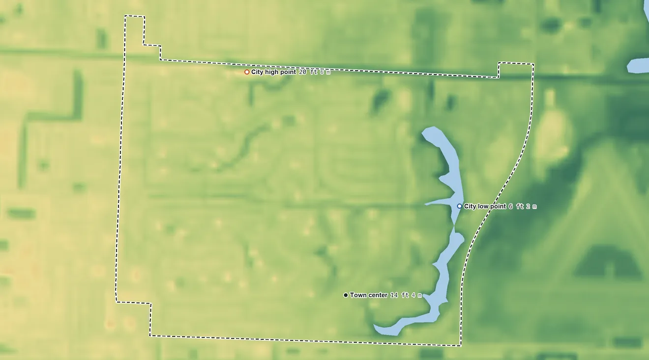 Topographic elevation map of Atlantis, Florida, shaded from 6 ft on the northeast side to 20 ft on the northwest side