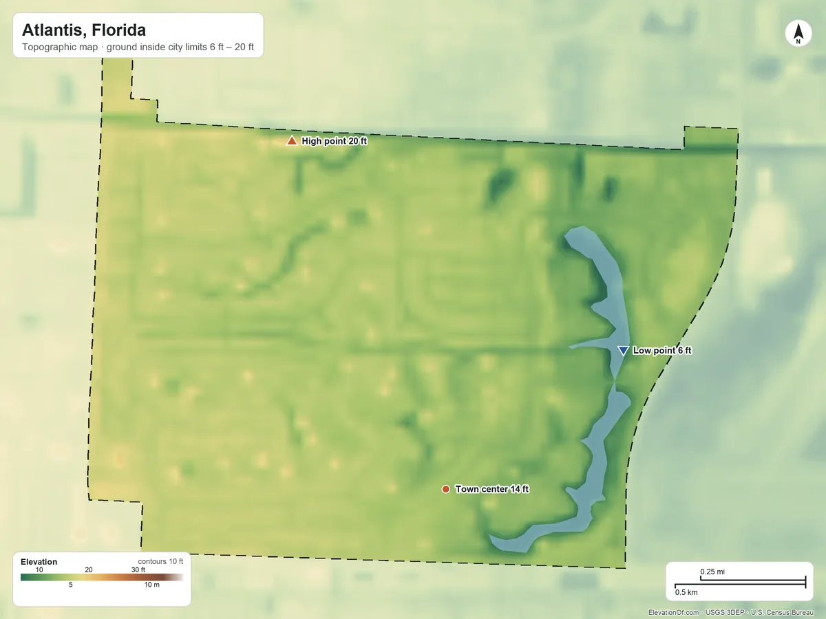 Topographic elevation map of Atlantis, Florida, shaded from 6 ft on the northeast side to 20 ft on the northwest side