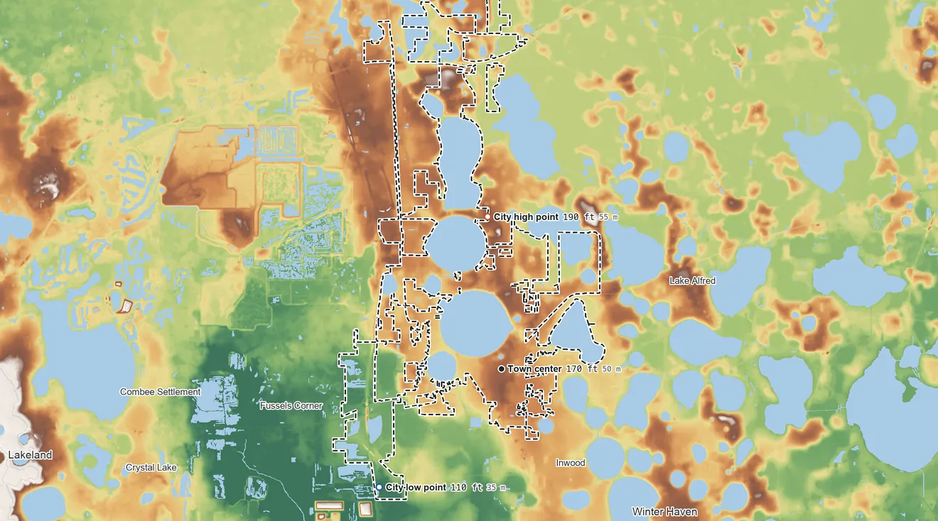 Topographic elevation map of Auburndale, Florida, shaded from 110 ft on the southwest side to 190 ft on the north side