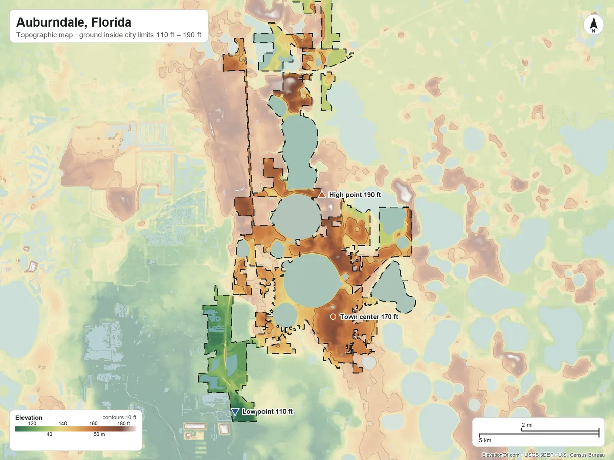 Topographic elevation map of Auburndale, Florida, shaded from 110 ft on the southwest side to 190 ft on the north side