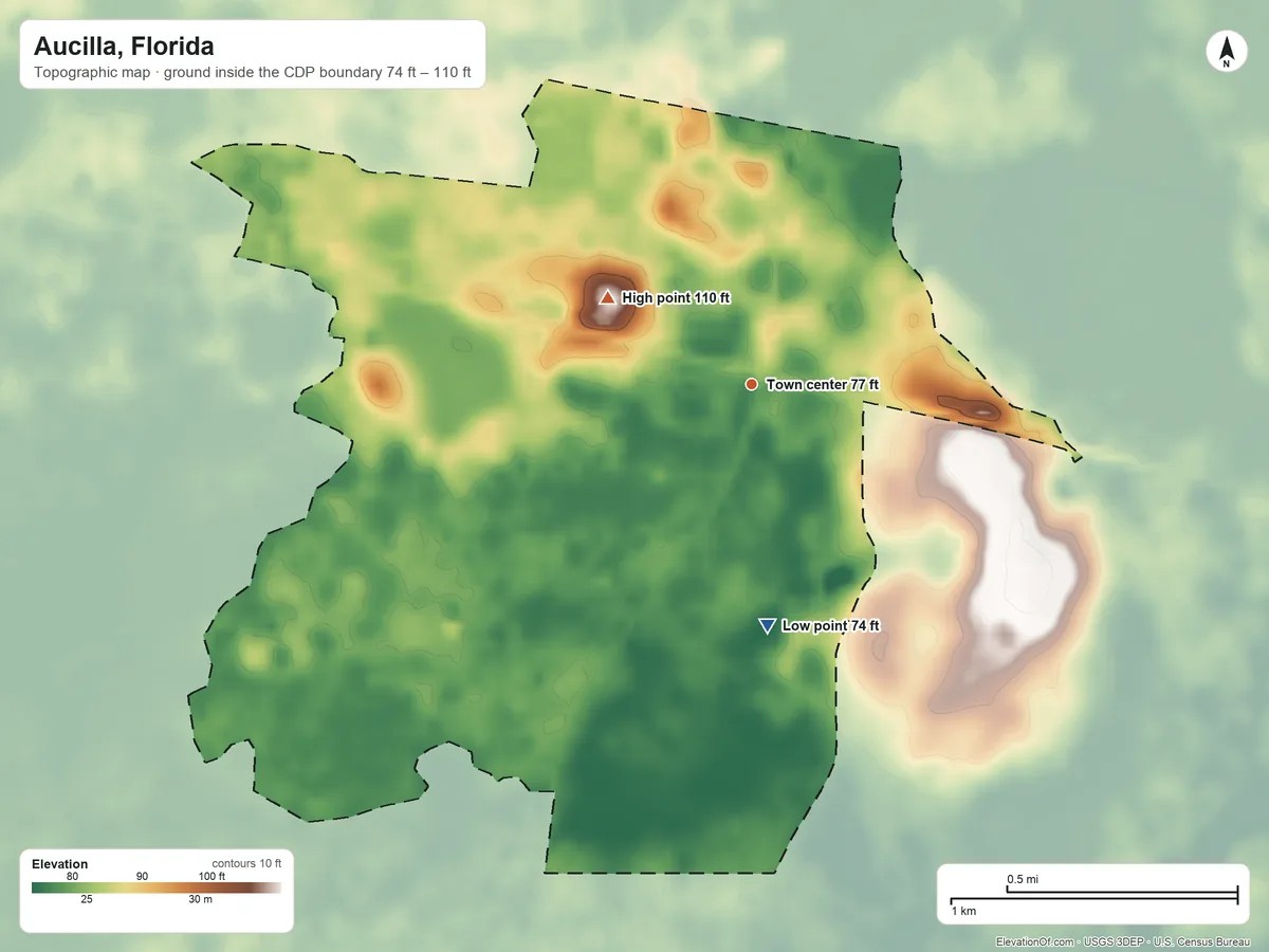 Topographic elevation map of Aucilla, Florida, shaded from 74 ft on the south side to 110 ft on the northwest side