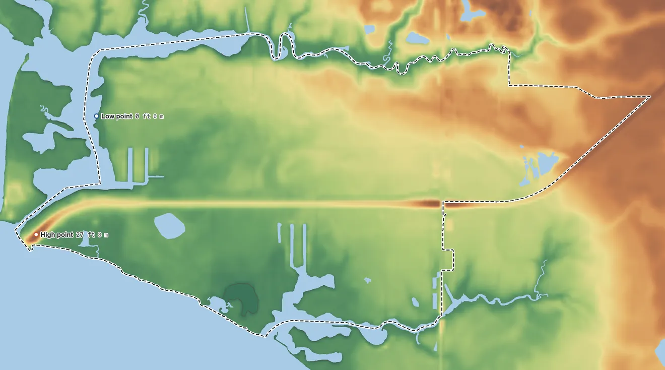 Topographic elevation map of Avalon, Florida, shaded from sea level level on Escambia Bay to 27 ft on the southwest side