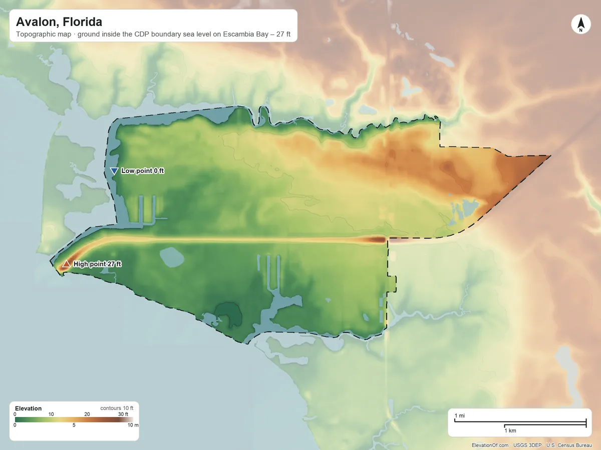 Topographic elevation map of Avalon, Florida, shaded from sea level level on Escambia Bay to 27 ft on the southwest side