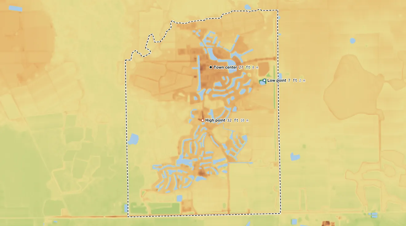 Topographic elevation map of Ave Maria, Florida, shaded from 7 ft on the east side to 32 ft on the south side