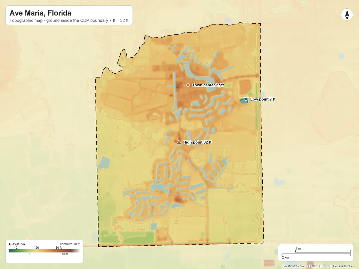 Topographic elevation map of Ave Maria, Florida, shaded from 7 ft on the east side to 32 ft on the south side