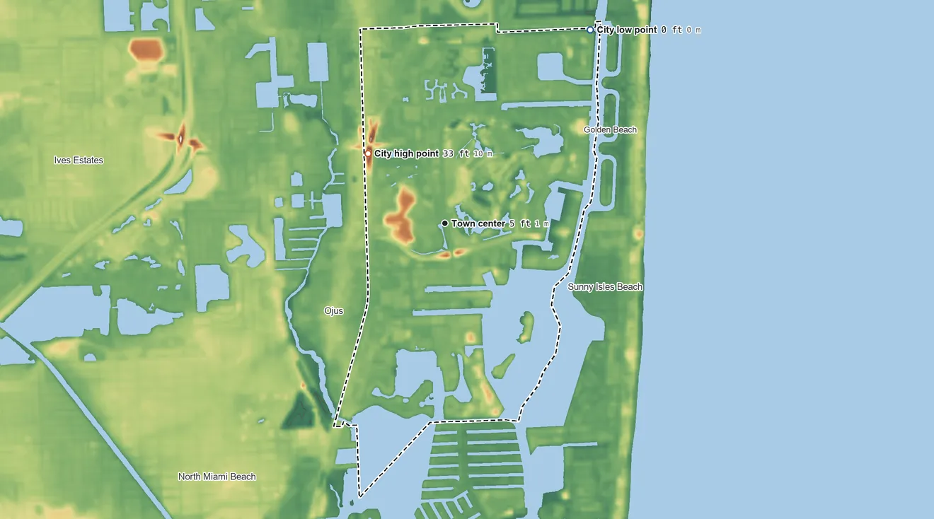 Topographic elevation map of Aventura, Florida, shaded from sea level level on the Atlantic Ocean to 33 ft on the northwest side