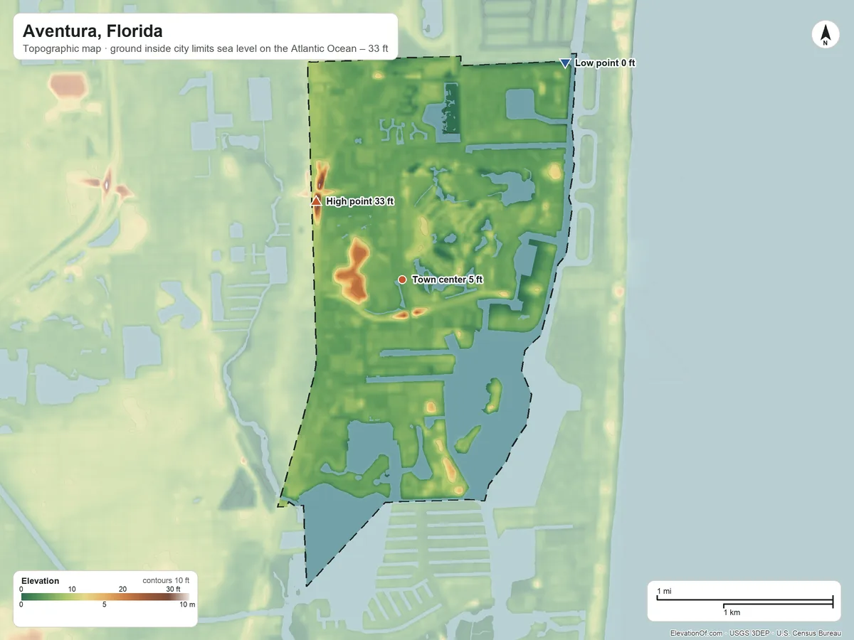 Topographic elevation map of Aventura, Florida, shaded from sea level level on the Atlantic Ocean to 33 ft on the northwest side