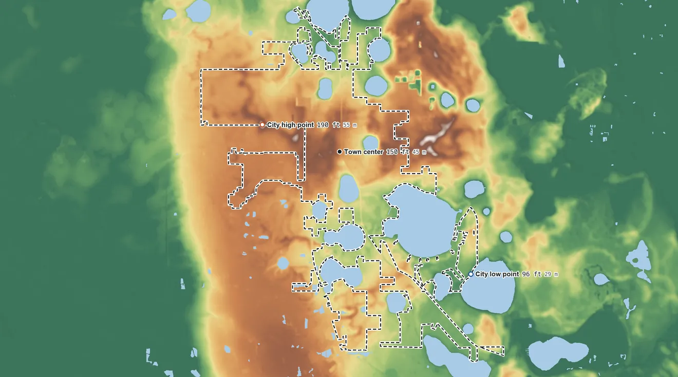 Topographic elevation map of Avon Park, Florida, shaded from 96 ft on the southeast side to 190 ft on the west side