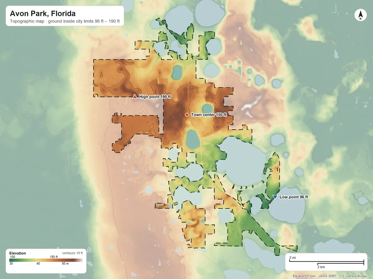 Topographic elevation map of Avon Park, Florida, shaded from 96 ft on the southeast side to 190 ft on the west side