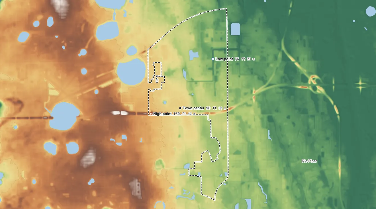 Topographic elevation map of Azalea Park, Florida, shaded from 76 ft on the northeast side to 130 ft on the west side
