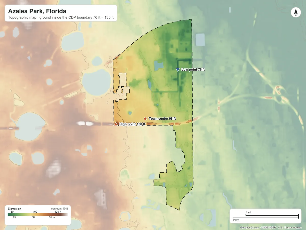 Topographic elevation map of Azalea Park, Florida, shaded from 76 ft on the northeast side to 130 ft on the west side
