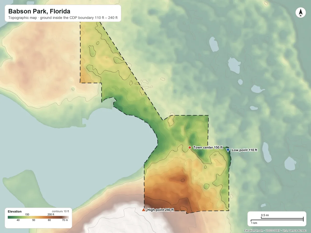 Topographic elevation map of Babson Park, Florida, shaded from 110 ft on the east side to 240 ft on the southwest side