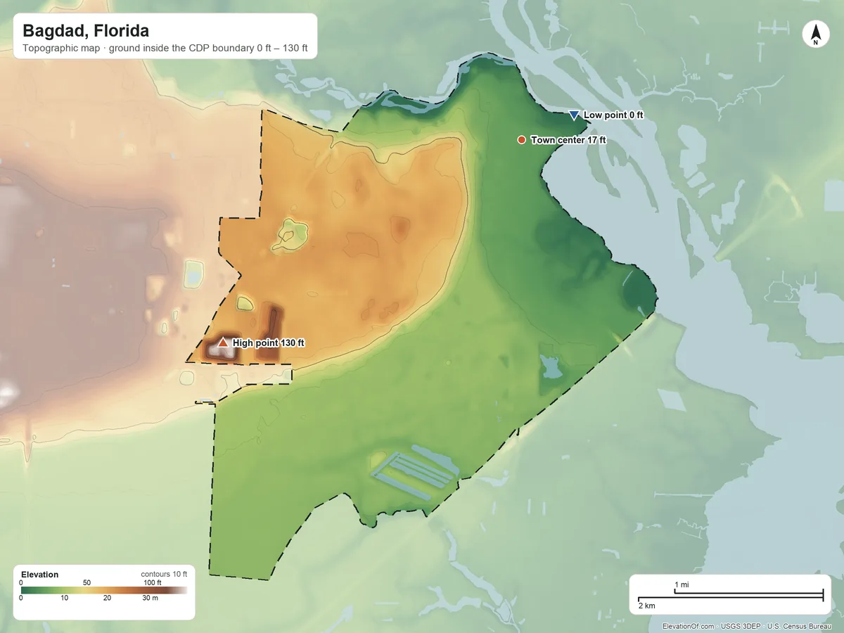 Topographic elevation map of Bagdad, Florida, shaded from 0 ft near the middle to 130 ft on the southwest side