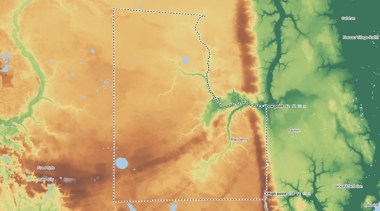 Topographic elevation map of Baker County, Florida, shaded from 42 ft on the east side to 210 ft on the southeast side