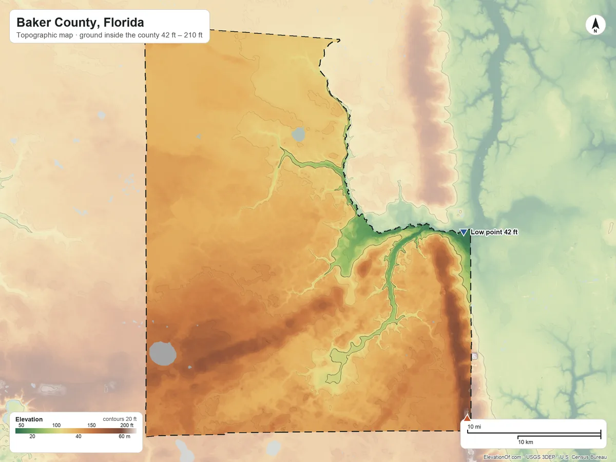 Topographic elevation map of Baker County, Florida, shaded from 42 ft on the east side to 210 ft on the southeast side