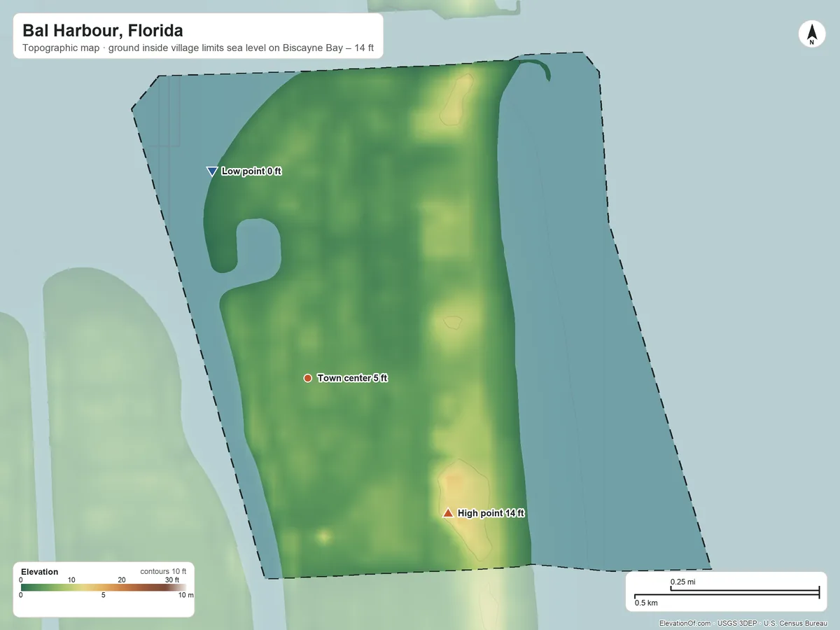 Topographic elevation map of Bal Harbour, Florida, shaded from sea level level on Biscayne Bay to 14 ft on the southeast side