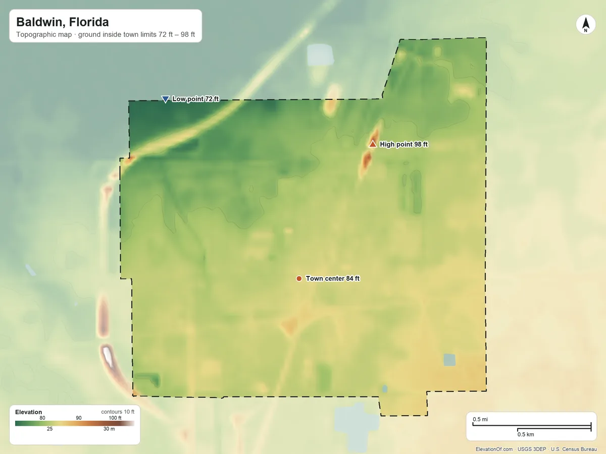 Topographic elevation map of Baldwin, Florida, shaded from 72 ft on the northwest side to 98 ft on the northeast side