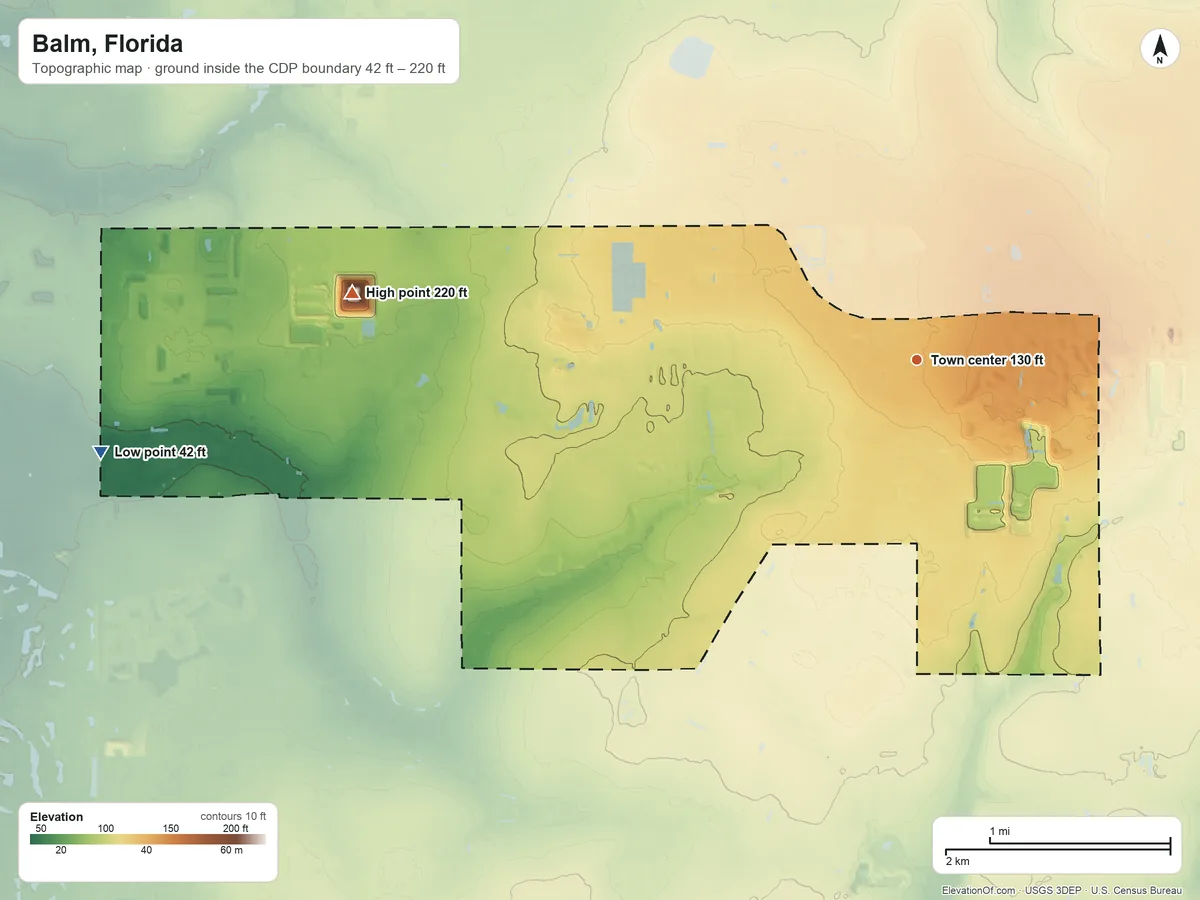 Topographic elevation map of Balm, Florida, shaded from 42 ft on the west side to 220 ft on the west side