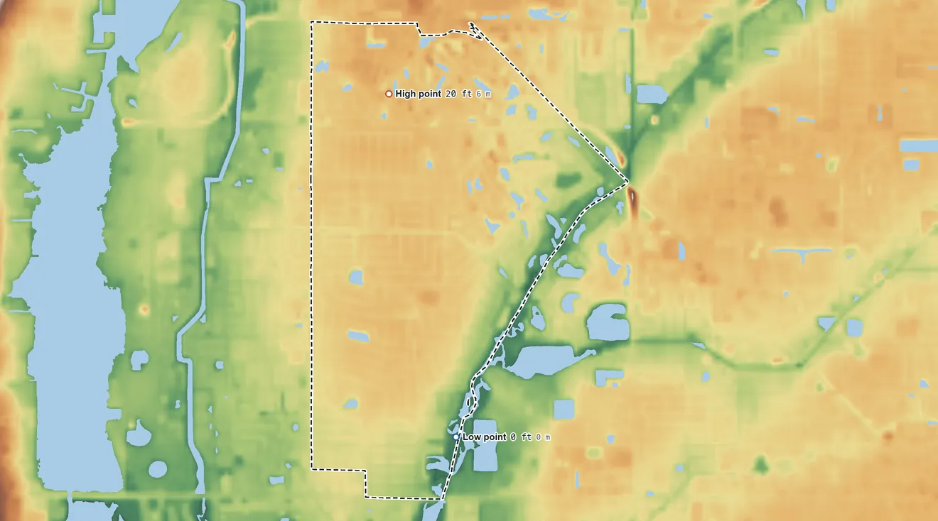Topographic elevation map of Bardmoor, Florida, shaded from sea level level on the Long Bayou to 20 ft on the north side