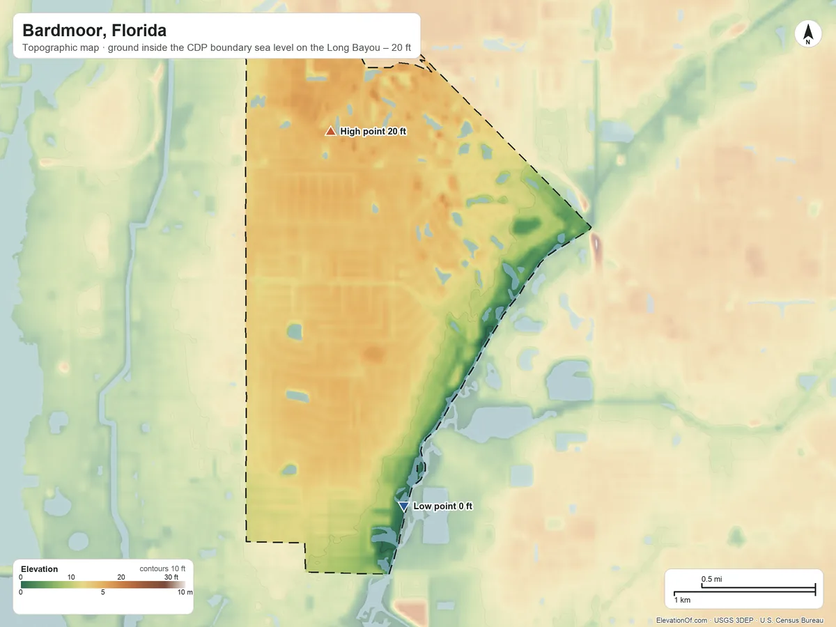 Topographic elevation map of Bardmoor, Florida, shaded from sea level level on the Long Bayou to 20 ft on the north side