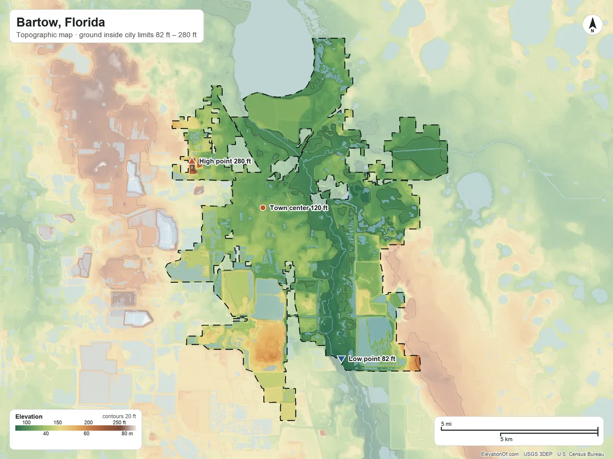 Topographic elevation map of Bartow, Florida, shaded from 82 ft on the southeast side to 280 ft on the northwest side