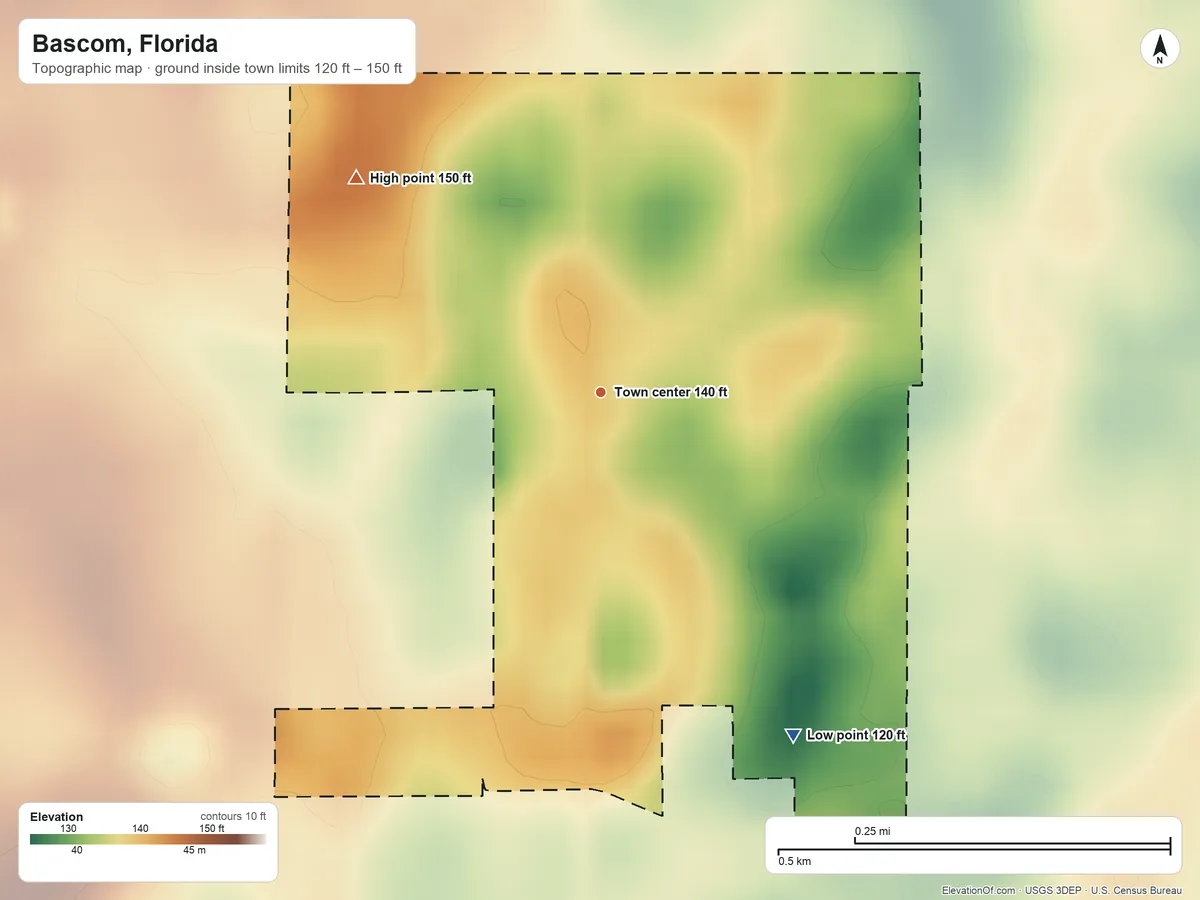 Topographic elevation map of Bascom, Florida, shaded from 120 ft on the southeast side to 150 ft on the northwest side