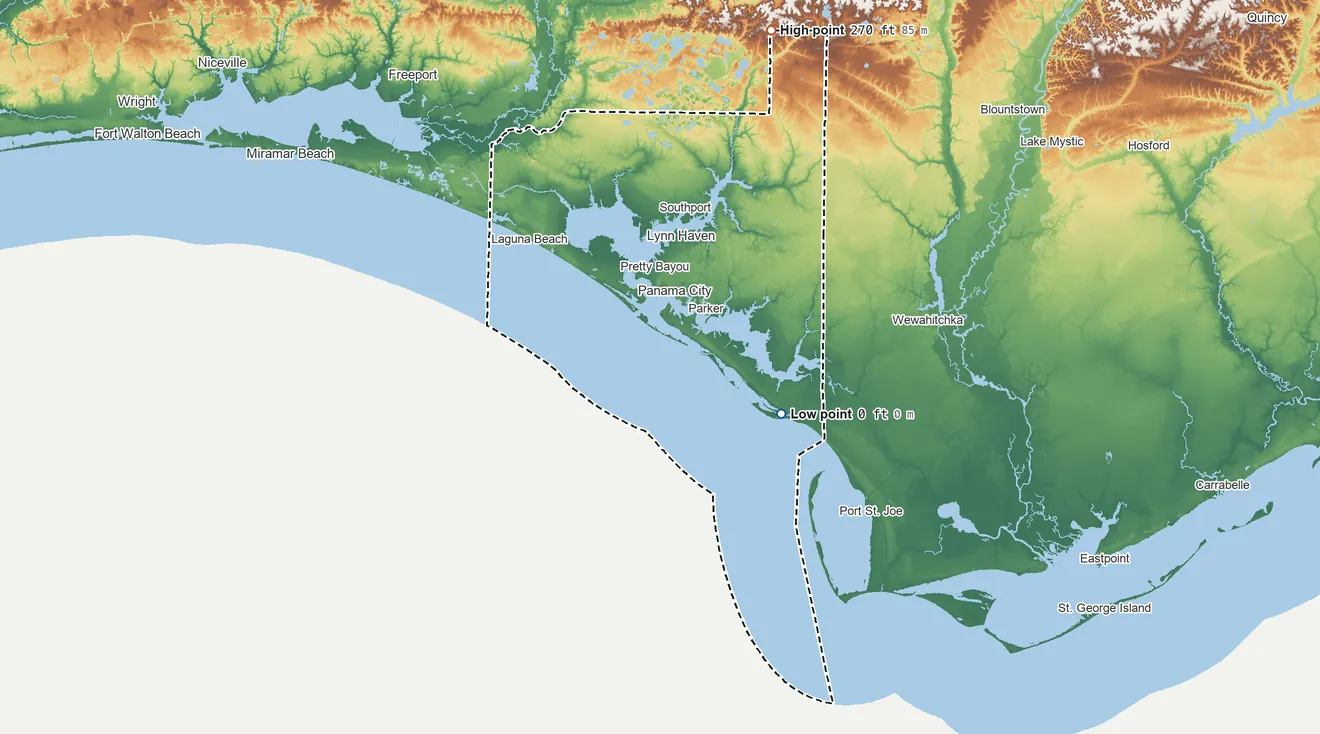 Topographic elevation map of Bay County, Florida, shaded from sea level on Saint Andrew Sound to 270 ft on the north side