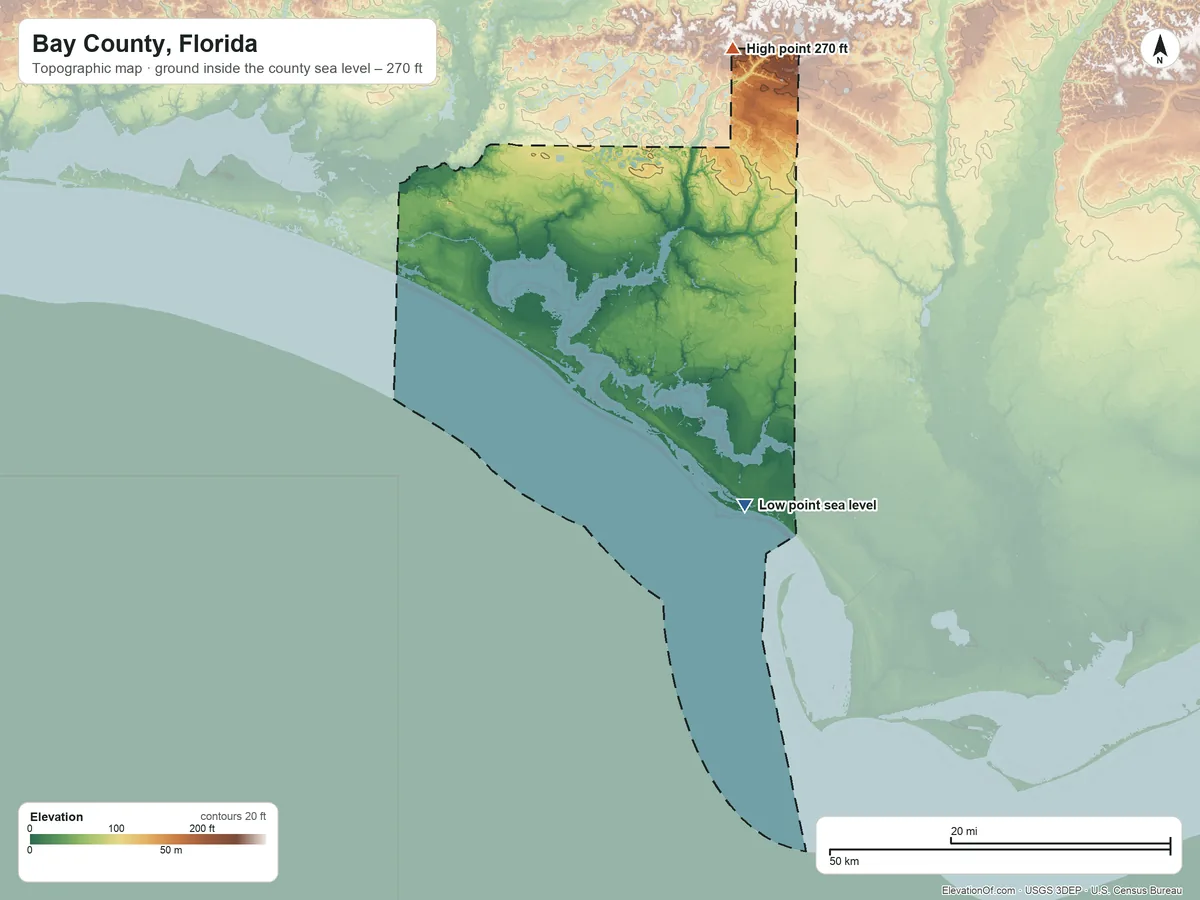 Topographic elevation map of Bay County, Florida, shaded from sea level on Saint Andrew Sound to 270 ft on the north side