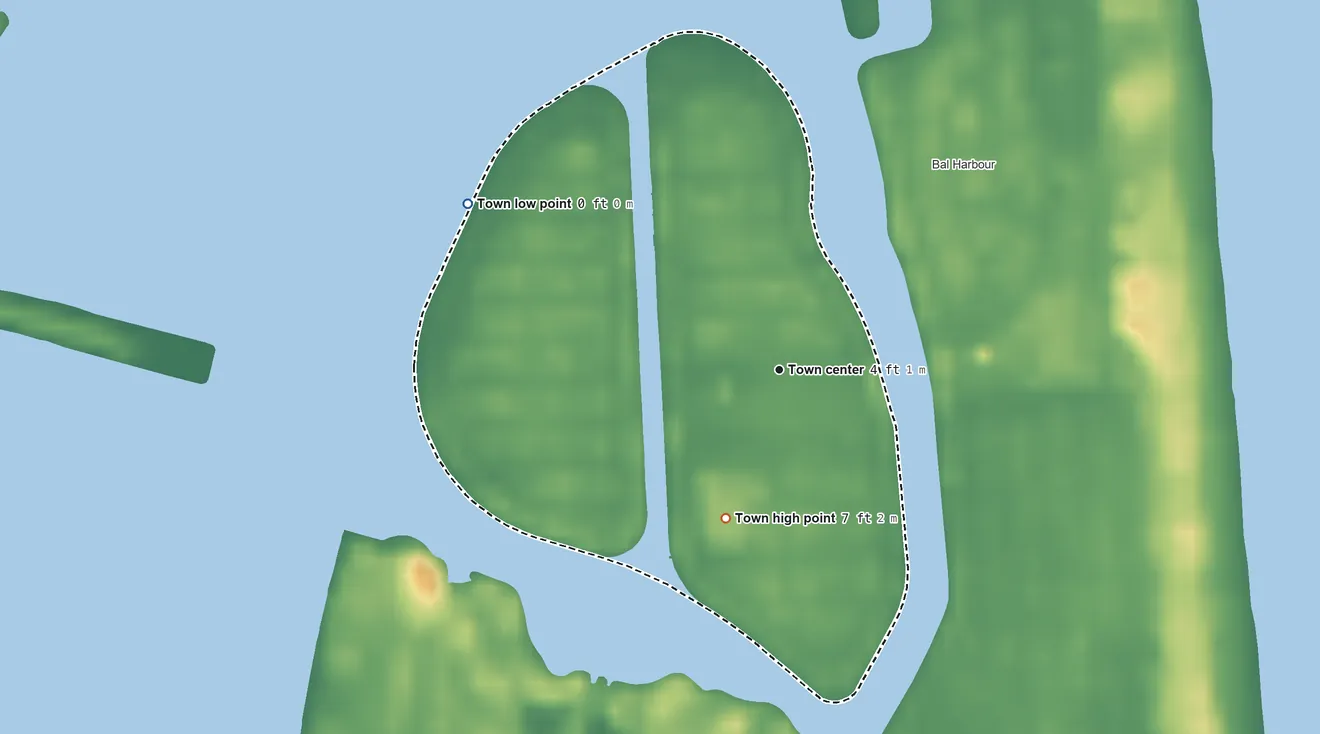 Topographic elevation map of Bay Harbor Islands, Florida, shaded from sea level level on Biscayne Bay to 7 ft on the south side
