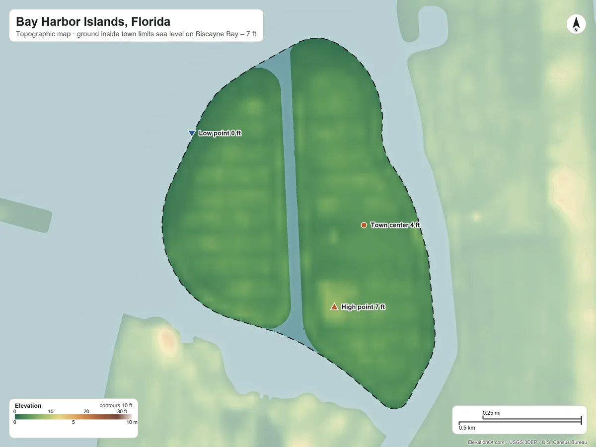 Topographic elevation map of Bay Harbor Islands, Florida, shaded from sea level level on Biscayne Bay to 7 ft on the south side