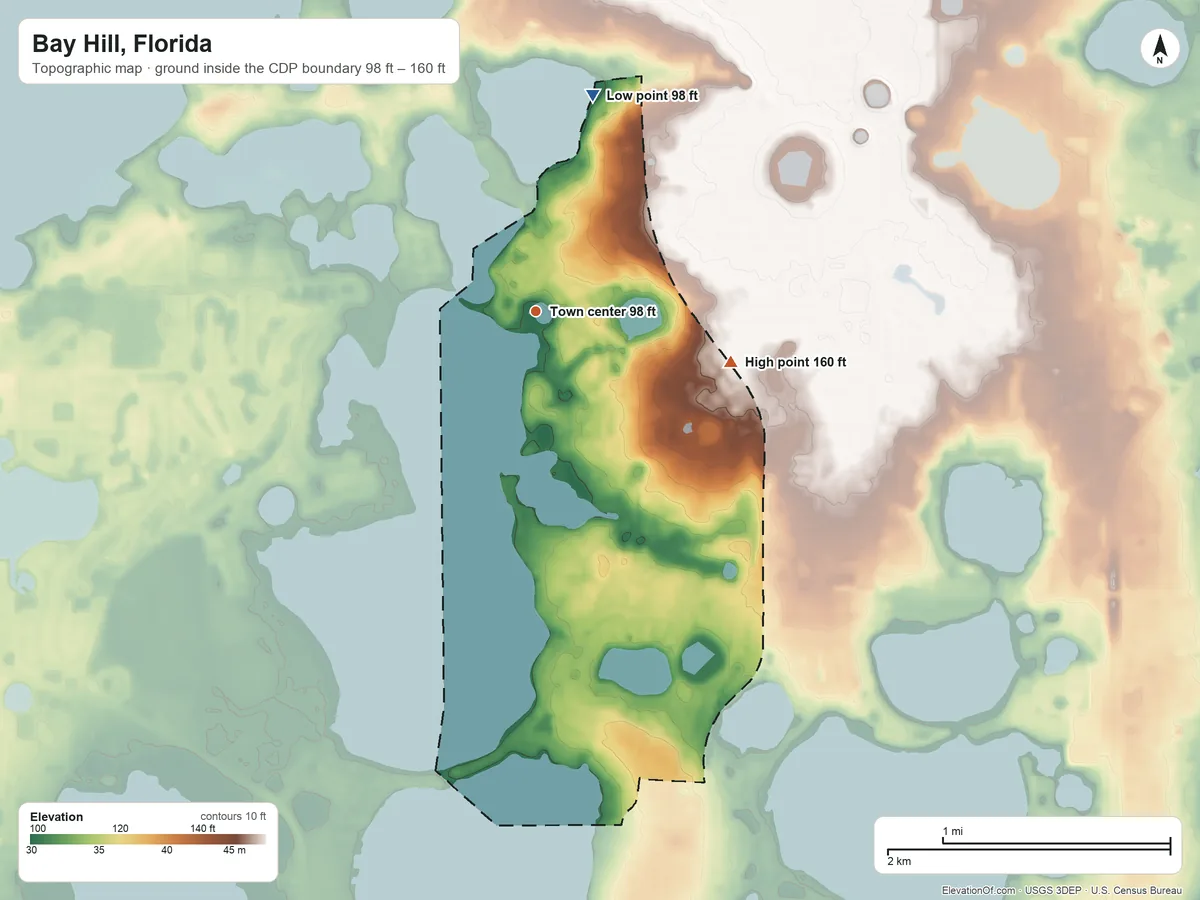Topographic elevation map of Bay Hill, Florida, shaded from 98 ft on the north side to 160 ft on the east side