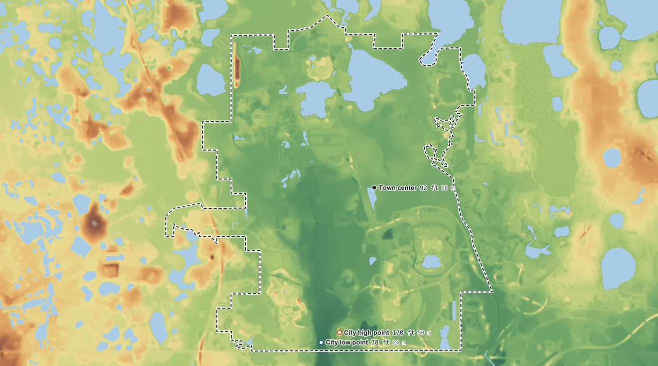 Topographic elevation map of Bay Lake, Florida, shaded from 78 ft on the south side to 170 ft on the south side