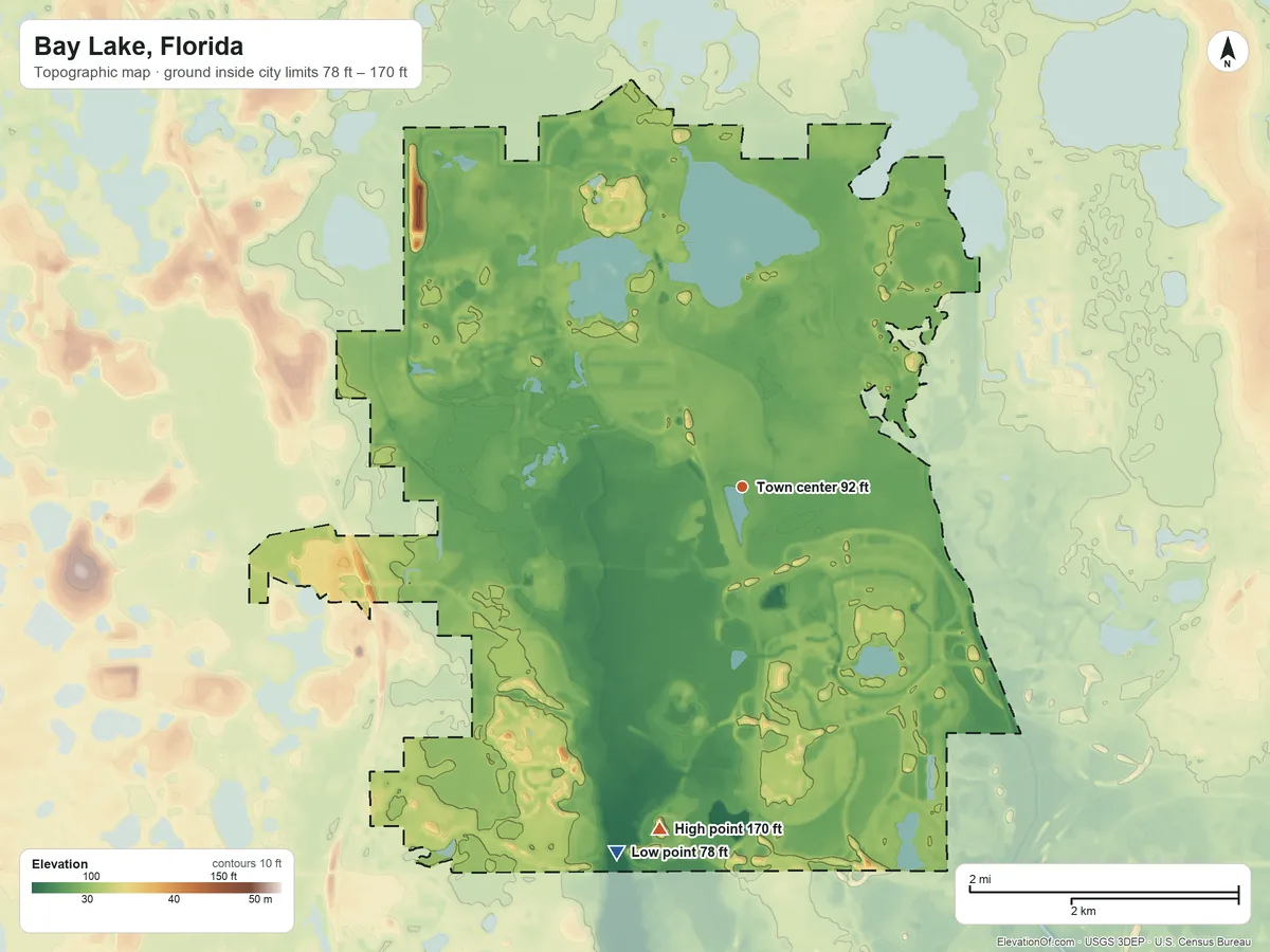 Topographic elevation map of Bay Lake, Florida, shaded from 78 ft on the south side to 170 ft on the south side