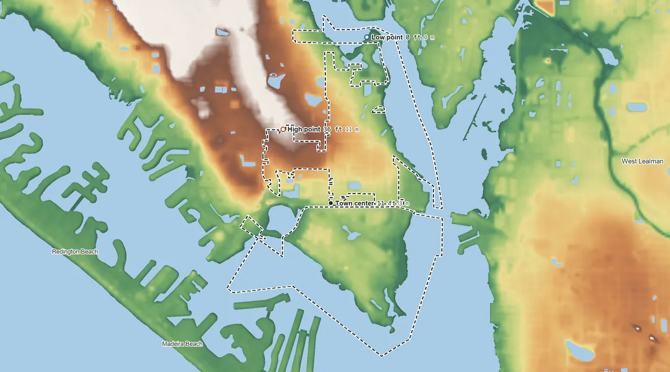 Topographic elevation map of Bay Pines, Florida, shaded from sea level level on Boca Ciega Bay to 36 ft on the northwest side