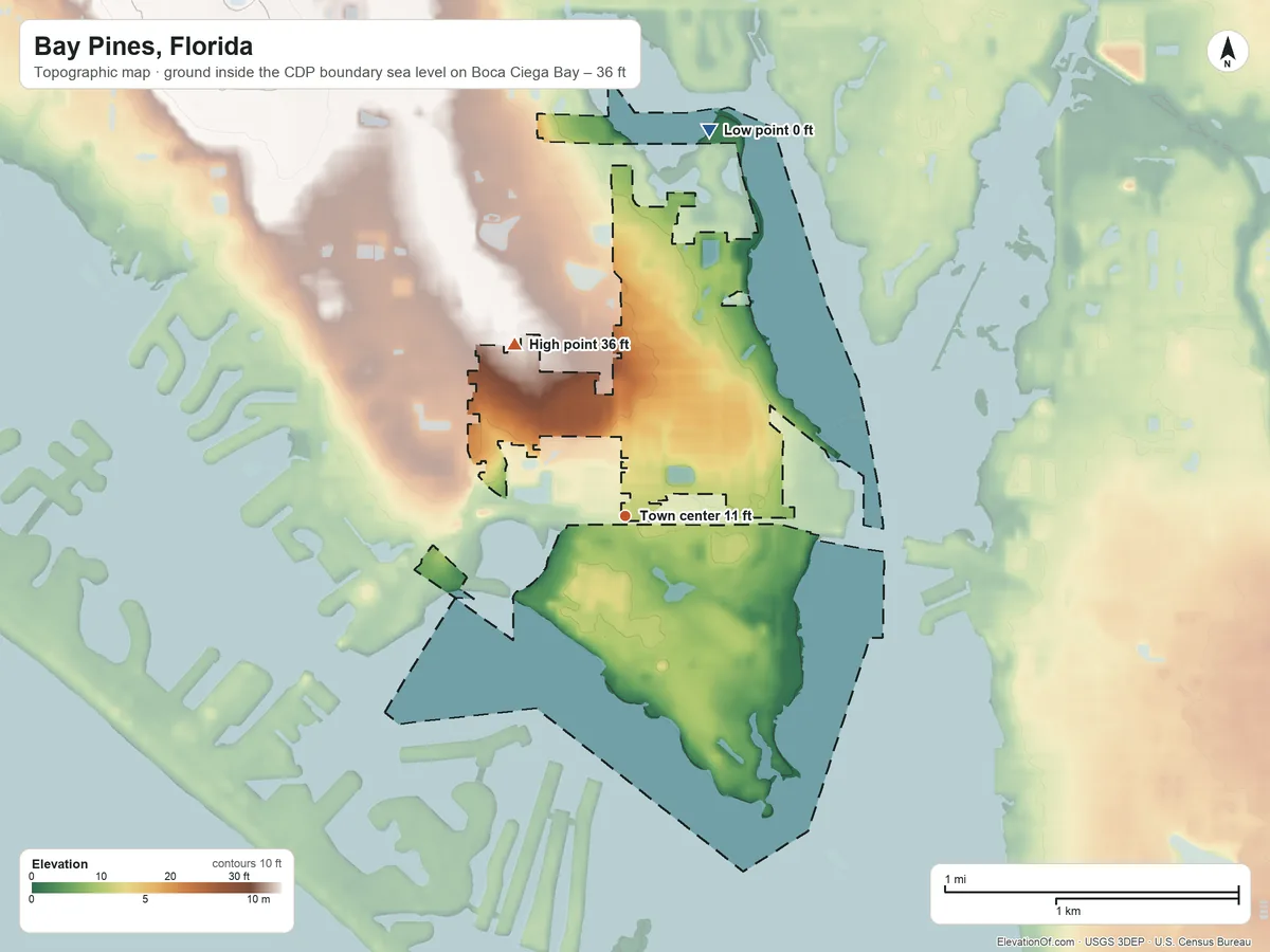 Topographic elevation map of Bay Pines, Florida, shaded from sea level level on Boca Ciega Bay to 36 ft on the northwest side