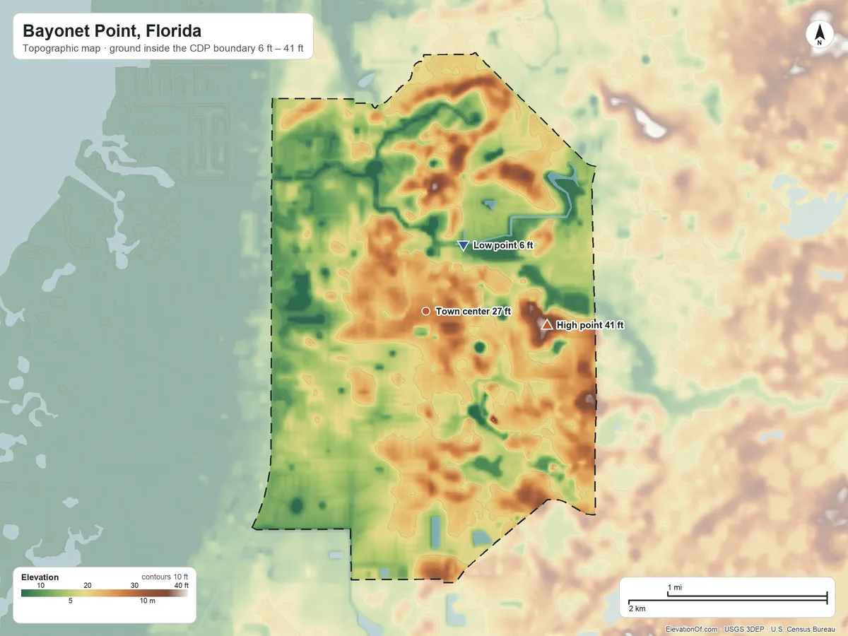 Topographic elevation map of Bayonet Point, Florida, shaded from 6 ft on the northeast side to 41 ft on the east side