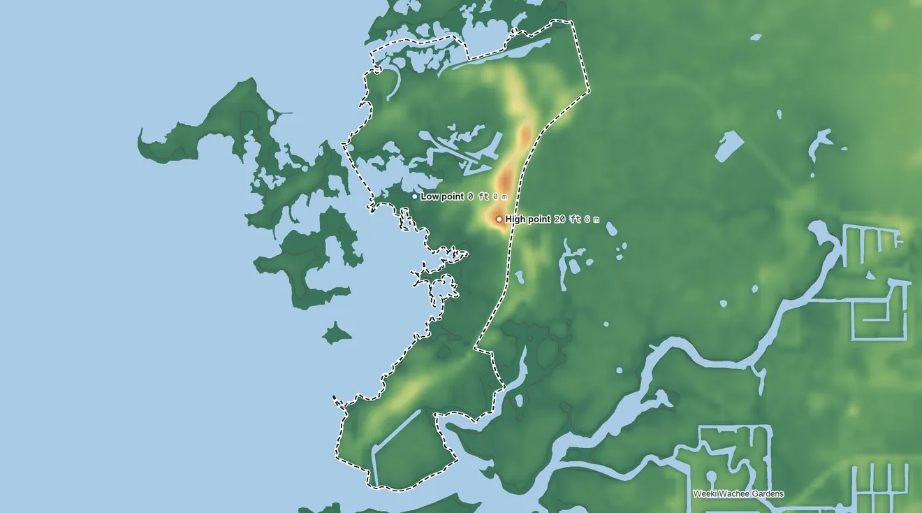 Topographic elevation map of Bayport, Florida, shaded from sea level level on the Gulf of America to 20 ft near the middle