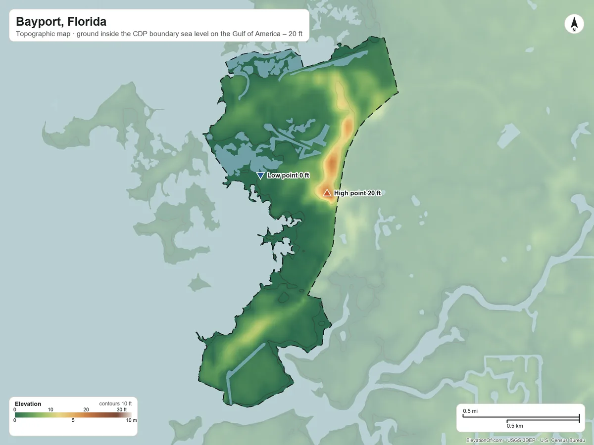 Topographic elevation map of Bayport, Florida, shaded from sea level level on the Gulf of America to 20 ft near the middle