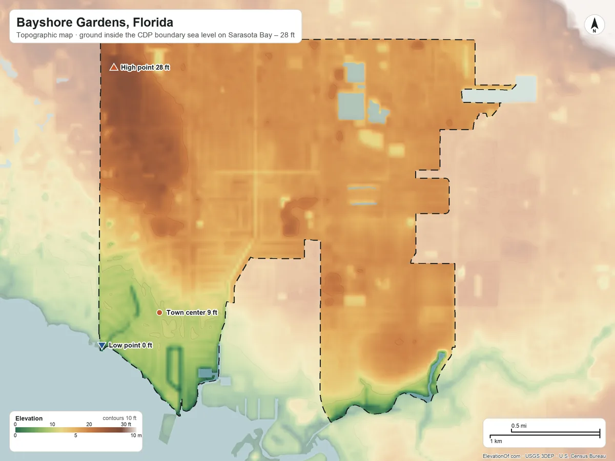 Topographic elevation map of Bayshore Gardens, Florida, shaded from sea level level on Sarasota Bay to 28 ft on the north side