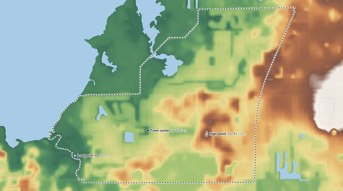 Topographic elevation map of Beacon Square, Florida, shaded from sea level level on the Gulf of America to 33 ft on the east side