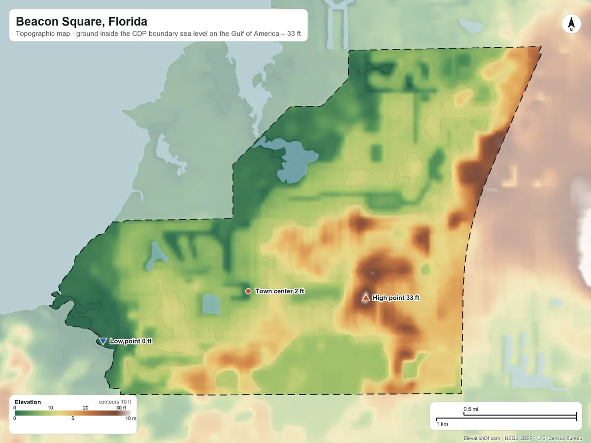 Topographic elevation map of Beacon Square, Florida, shaded from sea level level on the Gulf of America to 33 ft on the east side