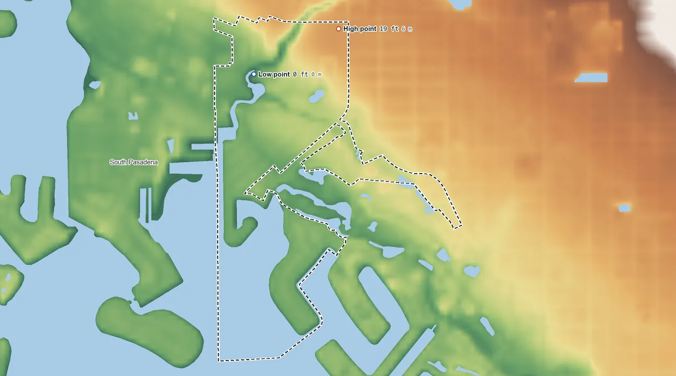 Topographic elevation map of Bear Creek, Florida, shaded from sea level level on Boca Ciega Bay to 19 ft on the northeast side