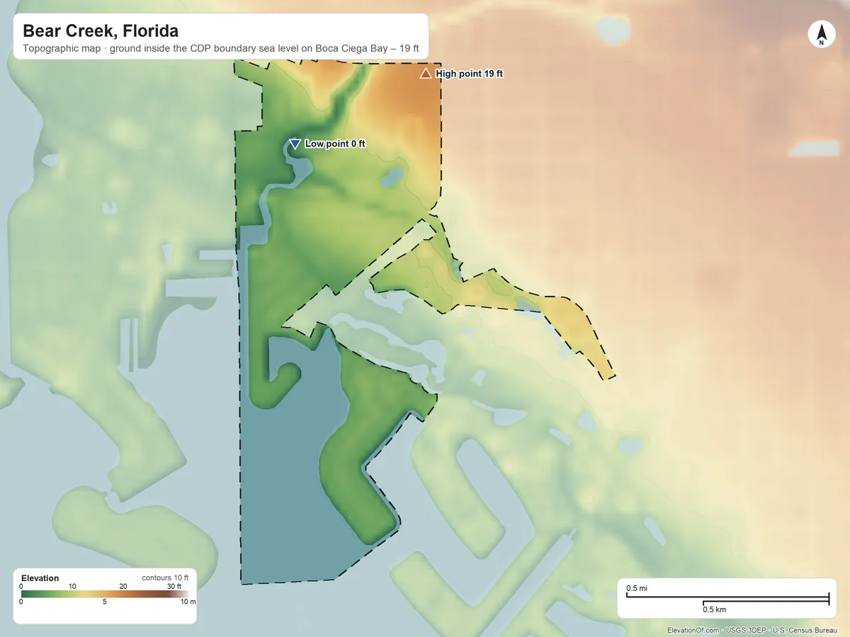 Topographic elevation map of Bear Creek, Florida, shaded from sea level level on Boca Ciega Bay to 19 ft on the northeast side